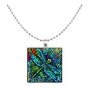 Silver Blue/Green Dragonfly Square Beaded Chain Necklace