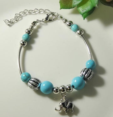 Silver Turquoise Crackle Stone Elephant Bracelet