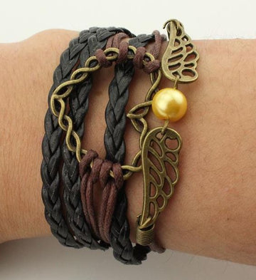 Black & Brown Twisted Heart Wings Leather Layered Bracelet