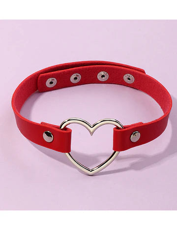 Silver Heart Red Leather Choker Necklace