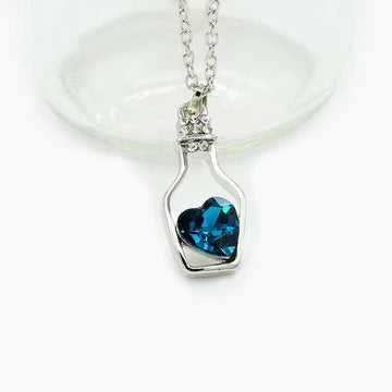 Silver Navy Blue Heart Bottle Necklace