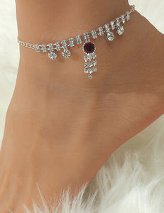 Silver Rhinestone Red Gemstone Ankle Bracelet