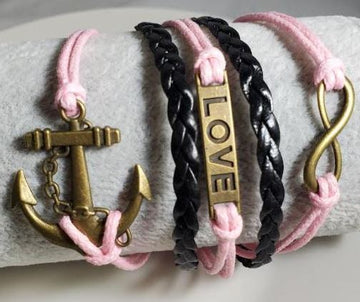 Light Pink & Black Anchor Leather Bracelet