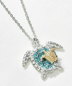 Silver Mommy Turtle Blue Rhinestones Necklace