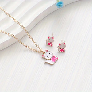 Kitty Cat Colorful Necklace and Post Earrings