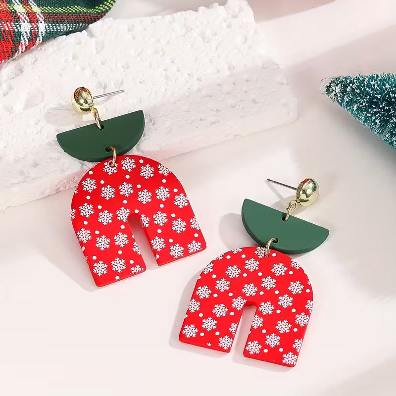 Red U Shape Snowflake Earrings