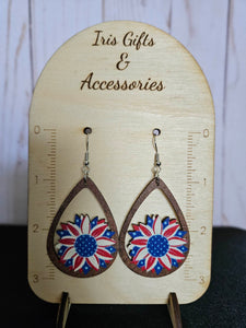 Independence Day Flag Sunflower Lightweight Wooden Earrings