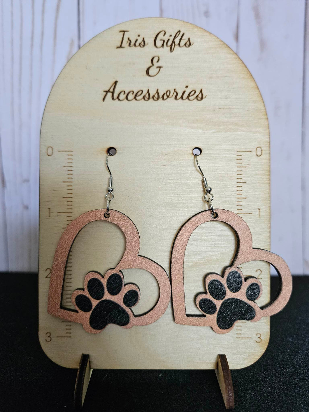 Heart-Shaped Dog Paw Wooden Dangle Earrings
