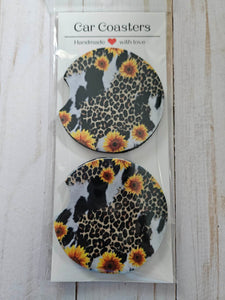 Sunflowers, Cheetah, Cow Print Car Coaster Set