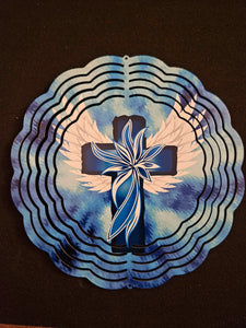 Blue Cross with White Wings Wind Spinner