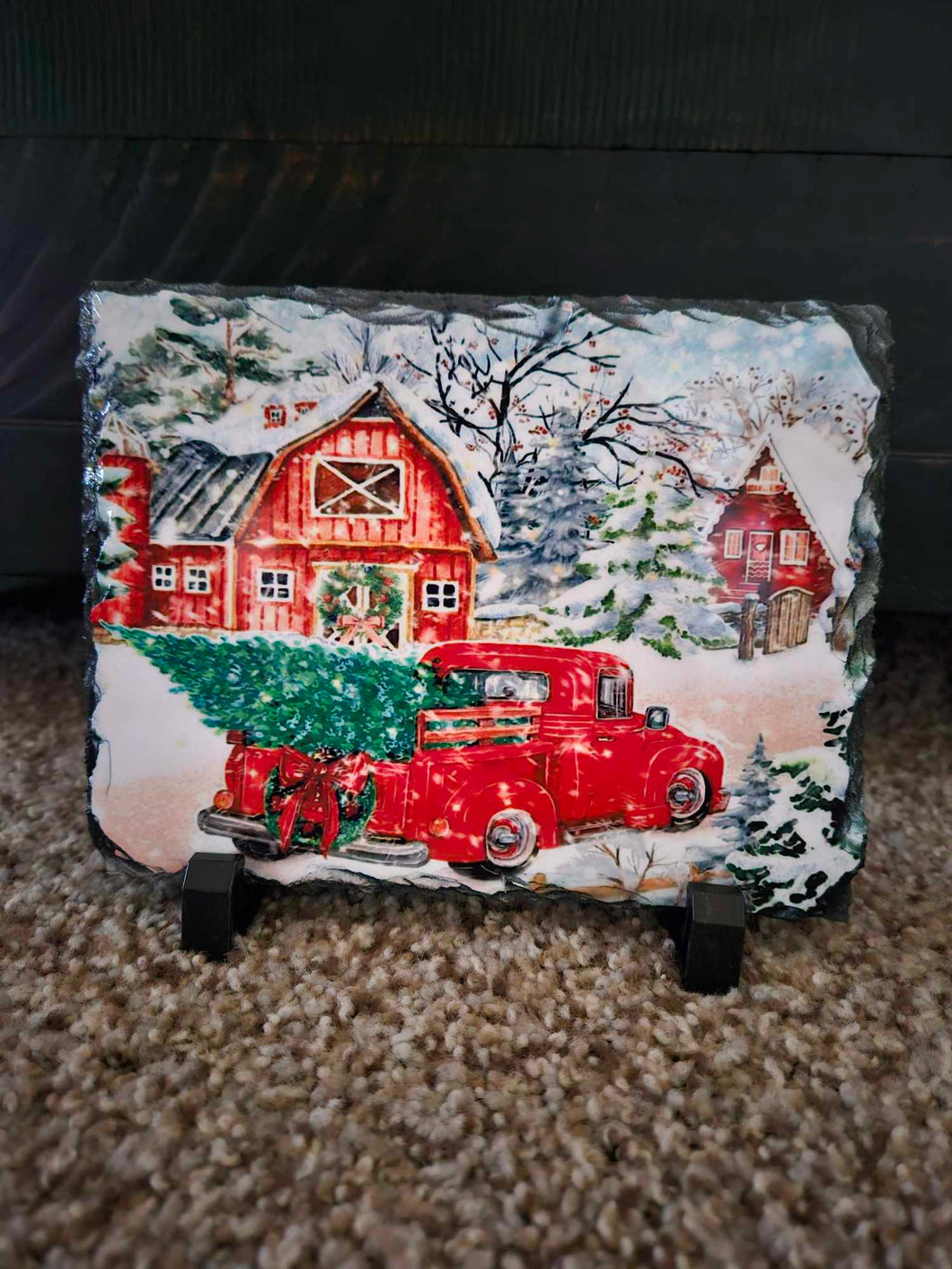 Red Truck Christmas Scene Slate Picture