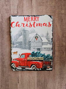 Merry Christmas Red Truck Slate