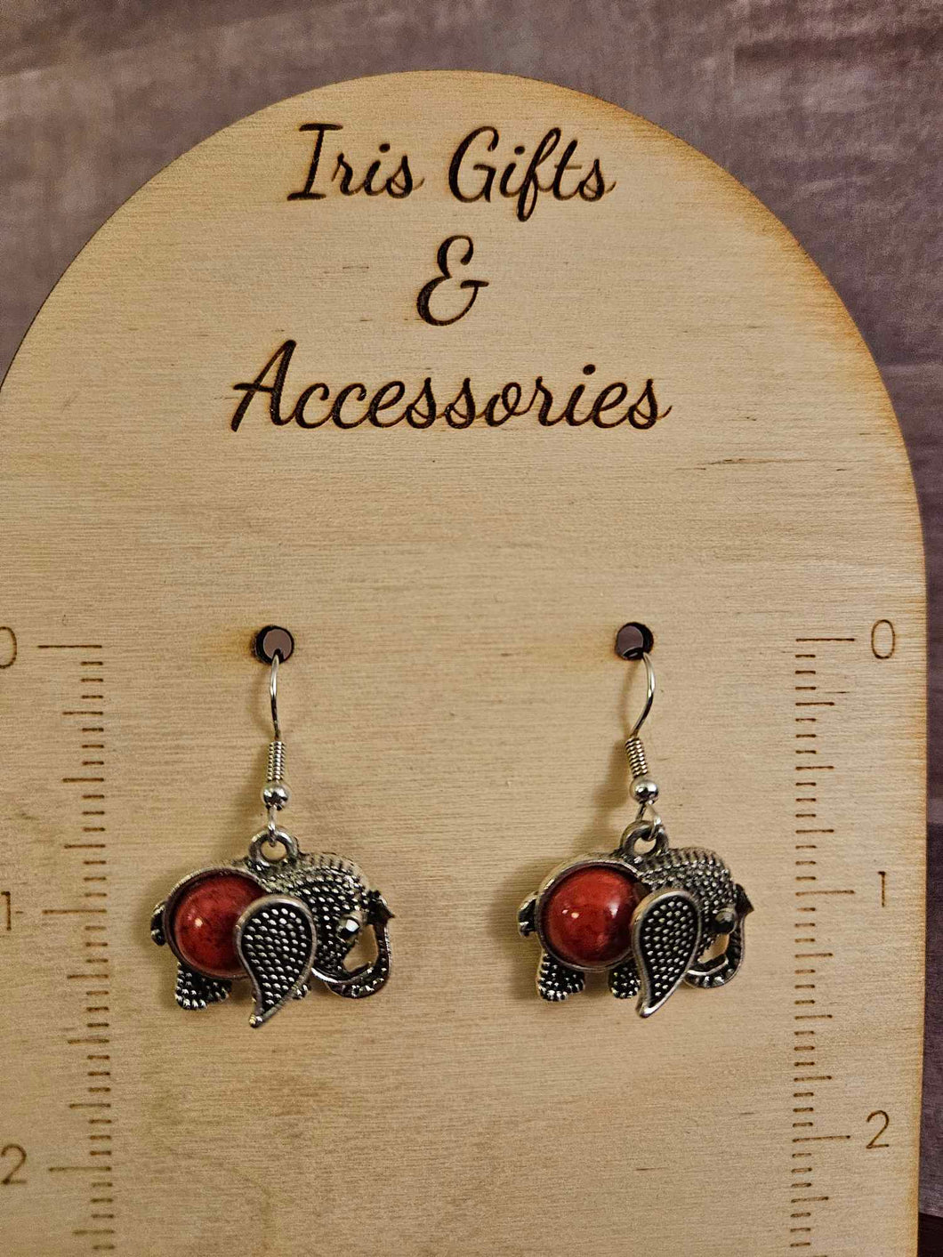 Silver Red Crackle Elephant Earrings