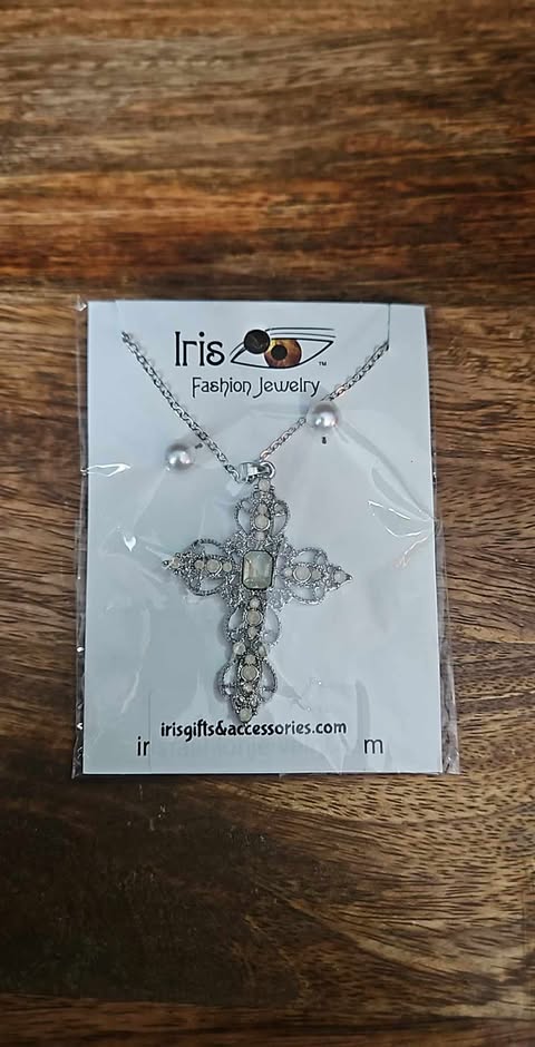 Silver & White Gem Cross Necklace