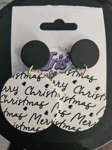 White/Black Round Merry Christmas Earrings