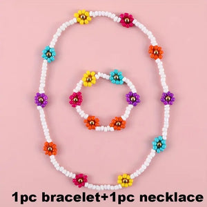 Vibrant Daisy Flower Beaded Necklace and Bracelet Set