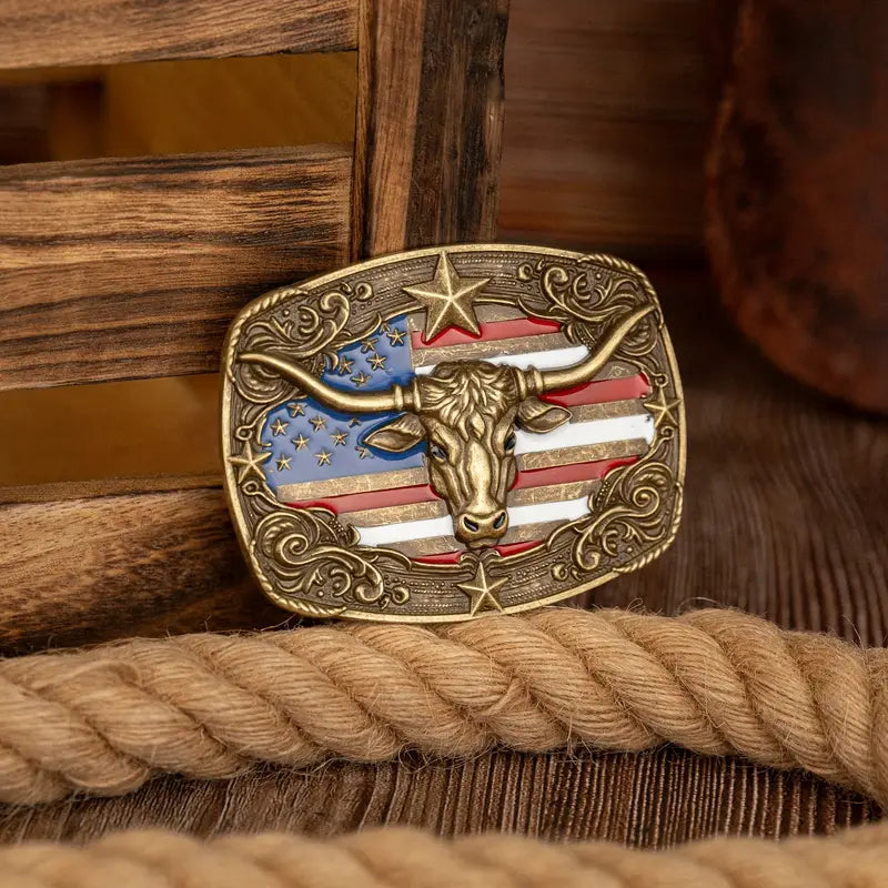 Brass Flag/Steer Belt Buckle