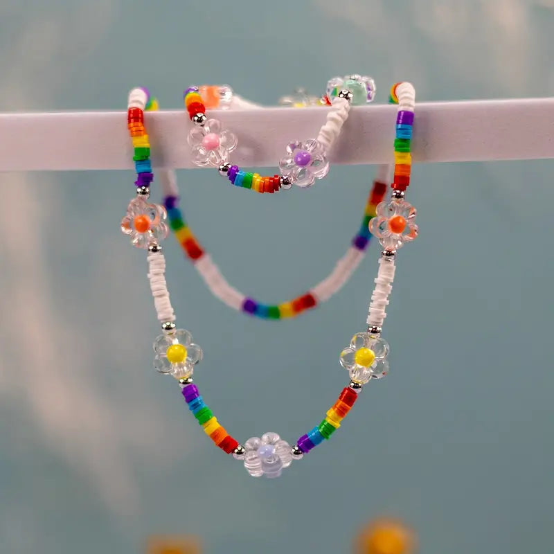 Rainbow Color Beaded Necklace & Bracelet Set