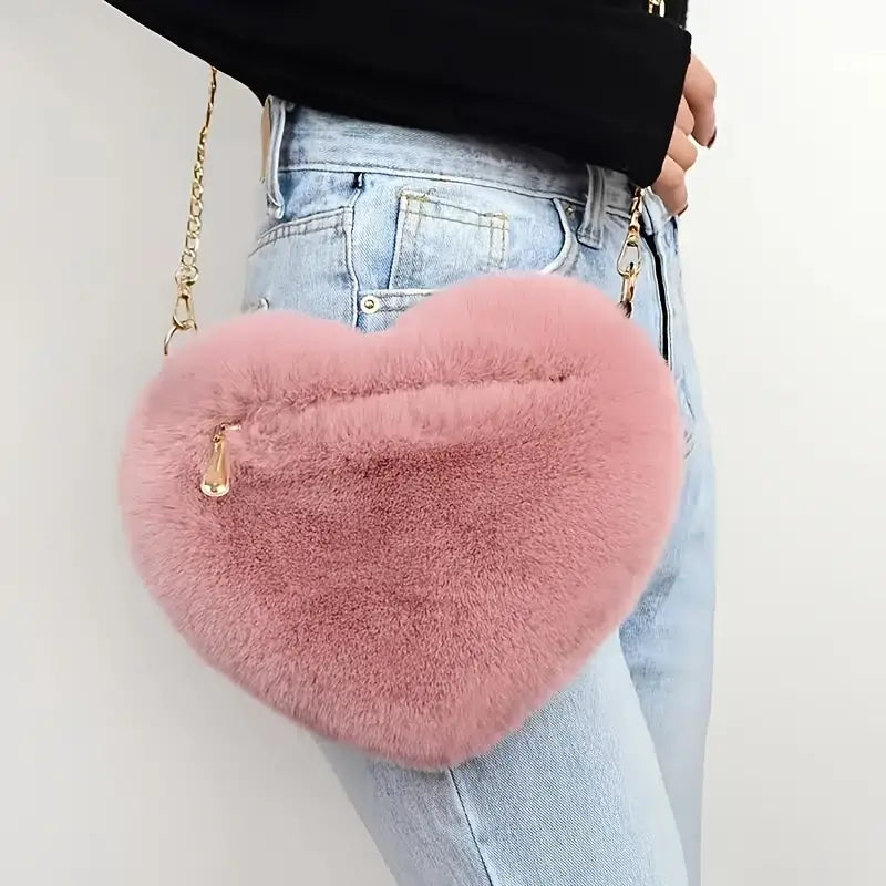 Pink Heart Shaped Plush Bag