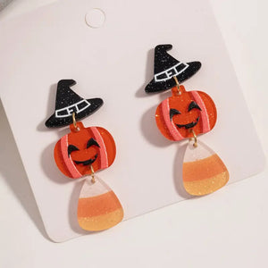 Halloween Pumpkin, Candy Corn, Magic Hat Dangle Earrings