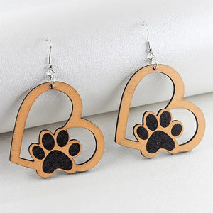 Heart-Shaped Dog Paw Wooden Dangle Earrings