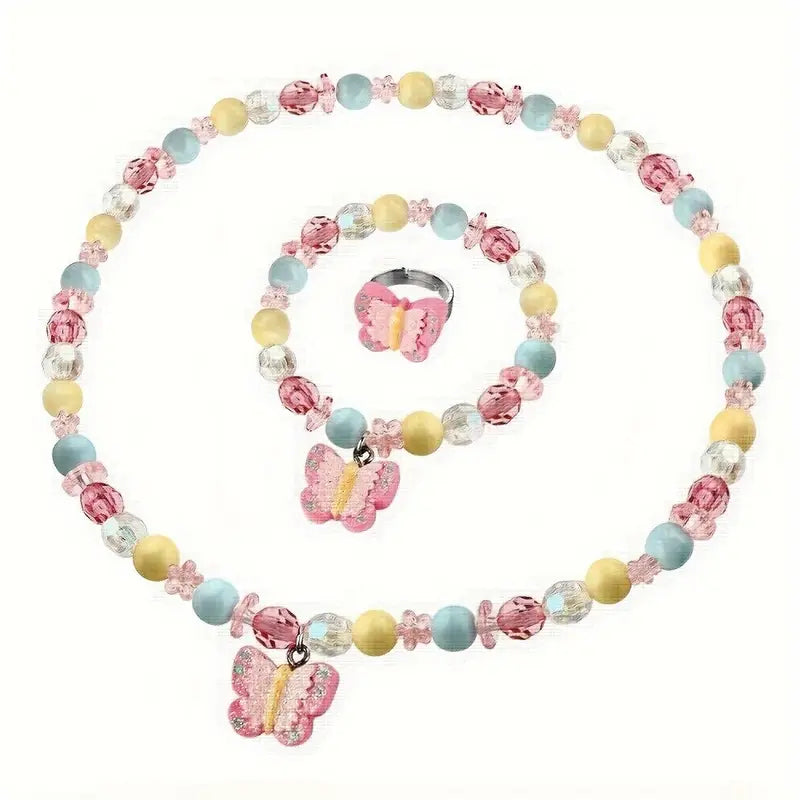 Resin Pink and Yellow Butterfly Necklace/Bracelet Set