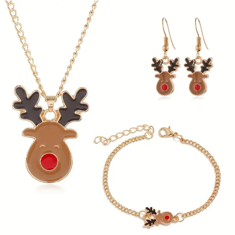 Cute Reindeer Earrings, Bracelet & Necklace Set