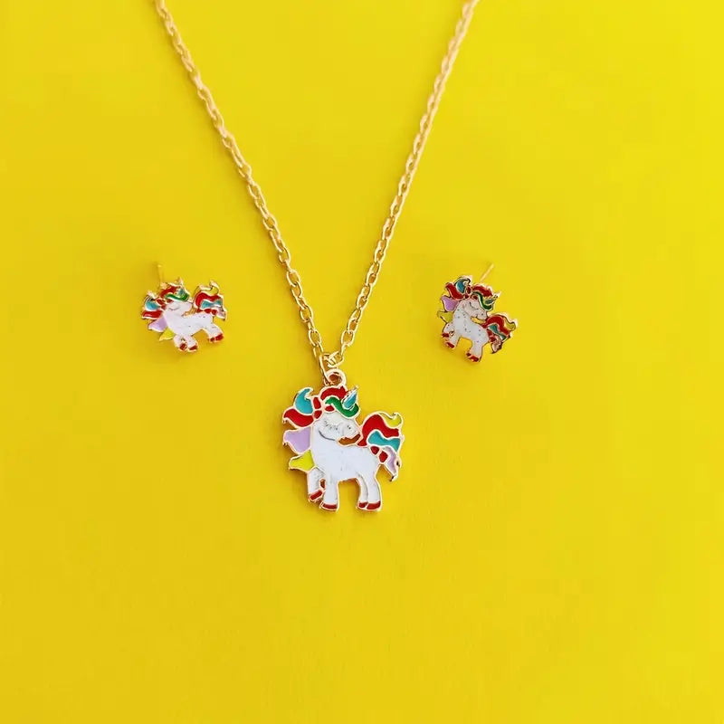 Unicorn Necklace & Stud Earring Set - Rose Red