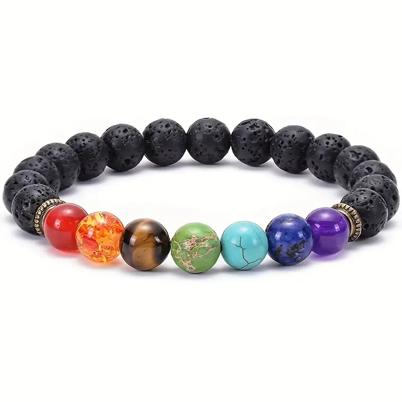 Black Lava Stone Multi Color Stretchy Bracelet