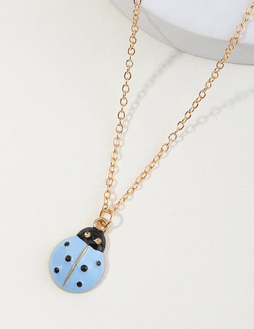 Gold Blue Baked Enamel Ladybug Necklace With FREE Earrings