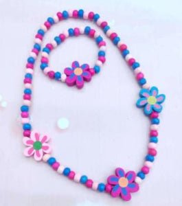 Pink and Blue Wooden Stretchy Flower Necklace & Bracelet Set