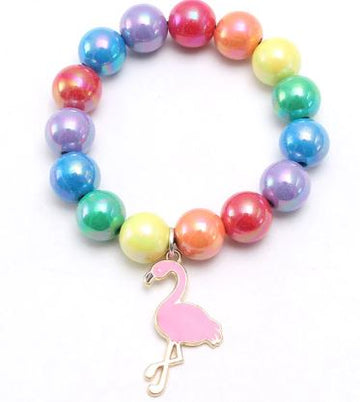 Multi Color Pearlized Beads Flamingo Charm Bracelet