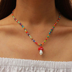 Multi Color Seed Bead with Mushroom Necklace with FREE Earrings