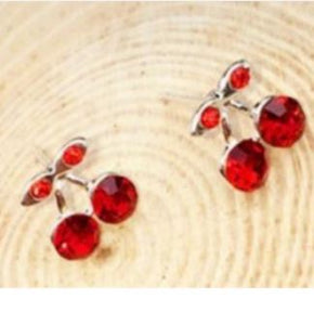 Silver Red Rhinestone Cherry Earrings