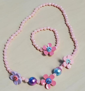 Iridescent Pink Bead Daisy Necklace & Bracelet Set
