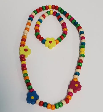 Colorful Wooden Stretchy Flower Necklace & Bracelet Set