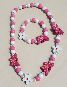 Pink Butterfly & Flower Wooden Stretchy Necklace & Bracelet Set