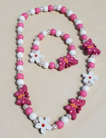 Pink Butterfly & Flower Wooden Stretchy Necklace & Bracelet Set