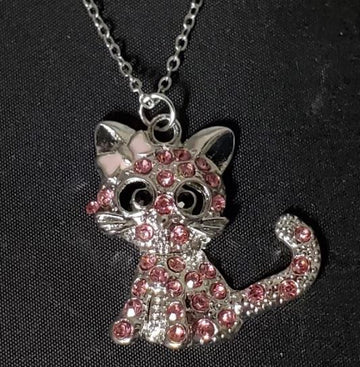 Silver Light Pink Rhinestones Cat Necklace