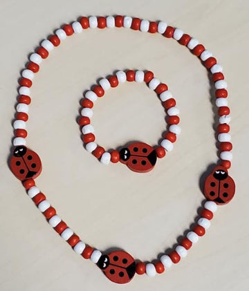Red & White Ladybug Wooden Stretchy Necklace & Bracelet Set