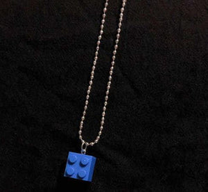 Blue Building Block on Beaded Chain Necklace