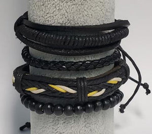 Black Leather Yellow & White Wood Bead Bracelet Set