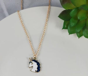 Gold Baked Enamel Blue Unicorn Necklace with FREE Earrings