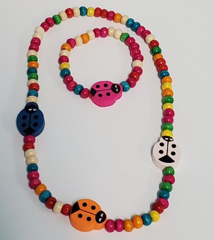 Colorful Wooden Stretchy Ladybugs Necklace & Bracelet Set