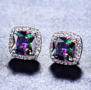 Silver Square Multi Color Gemstone Earrings