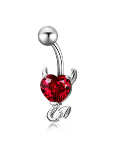 Silver Red Heart Gem Devil Belly Button Ring