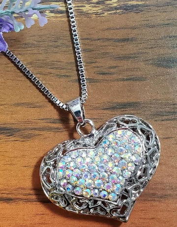 Silver Iridescent Rhinestone Funky Heart Necklace