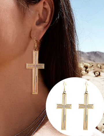 Large Textured Gold with Silver Glitter Cross Earrings