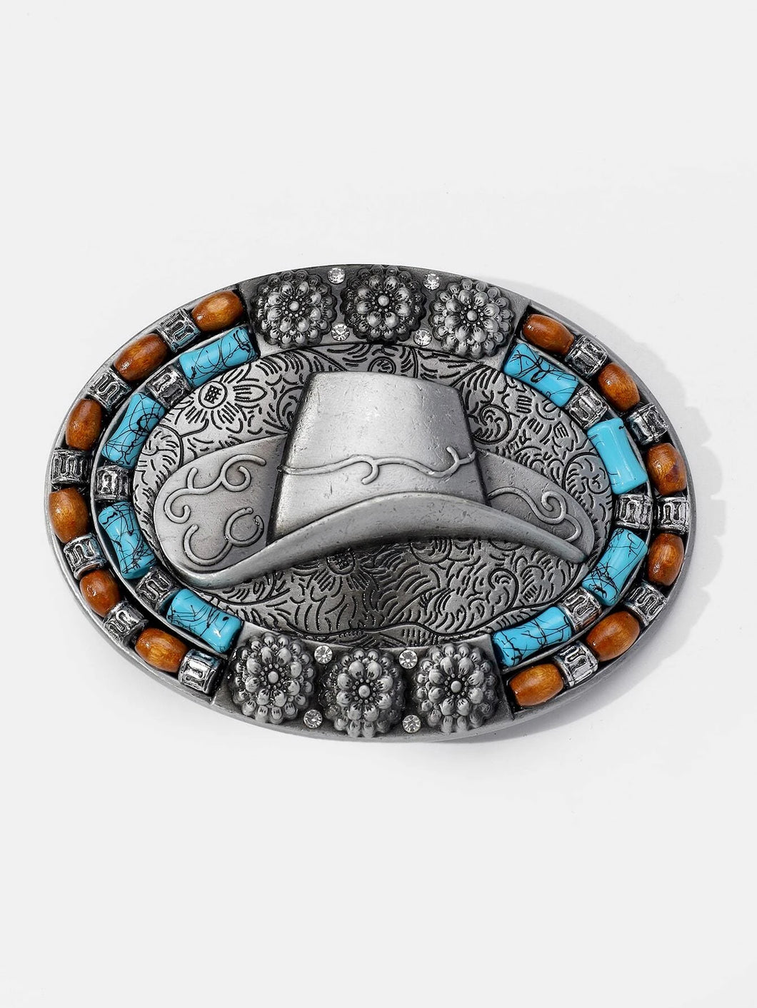 Western Vintage Cowboy Hat With Wooden Beads Oval Belt Buckle