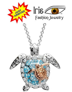 Silver Mommy Turtle Blue Rhinestones Necklace